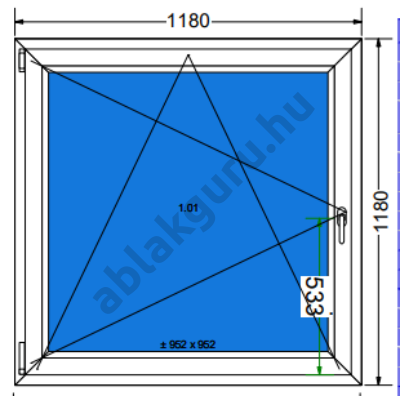 120x120 Bukó / nyíló műanyag ablak három rétegű (Ug=0,5) üveggel BAL (Decco 83 ROTO) - (Gyártási mérete: 118x118cm)