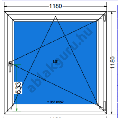 120x120 Bukó / nyíló műanyag ablak három rétegű (Ug=0,5) üveggel JOBB (Decco 83 ROTO) - (Gyártási mérete: 118x118cm)