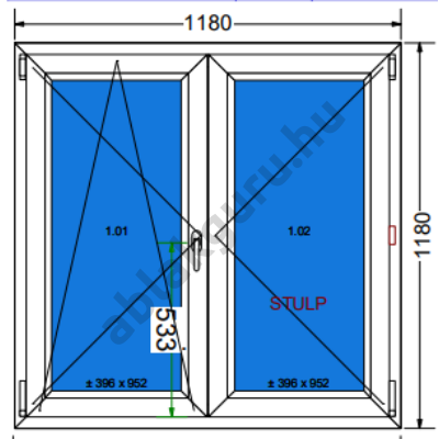 120x120 Kétszárnyú bukó/nyíló műanyag ablak három rétegű (Ug=0,5) üveggel BAL (Decco 83 ROTO) - (Gyártási mérete: 118x118cm)