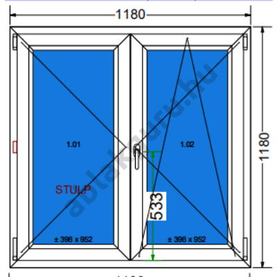 120x120 Kétszárnyú bukó/nyíló műanyag ablak három rétegű (Ug=0,5) üveggel JOBB (Decco 83 ROTO) - (Gyártási mérete: 118x118cm)