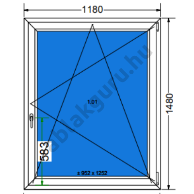 120x150 Bukó / nyíló műanyag ablak három rétegű (Ug=0,5) üveggel JOBB (Decco 83 ROTO) - (Gyártási mérete: 118x148cm)