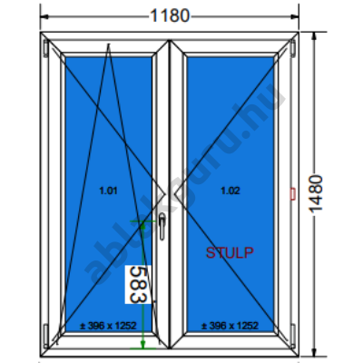120x150 Kétszárnyú bukó/nyíló műanyag ablak három rétegű (Ug=0,5) üveggel BAL (Decco 83 ROTO) - (Gyártási mérete: 118x148cm)