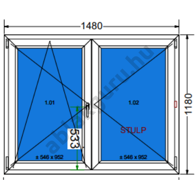 150x120 Kétszárnyú bukó/nyíló műanyag ablak három rétegű (Ug=0,5) üveggel BAL (Decco 83 ROTO) - (Gyártási mérete: 148x118cm)