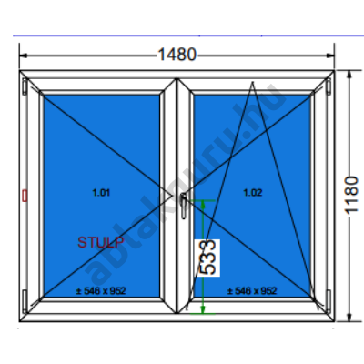 150x120 Kétszárnyú bukó/nyíló műanyag ablak három rétegű (Ug=0,5) üveggel JOBB (Decco 83 ROTO) - (Gyártási mérete: 148x118cm)