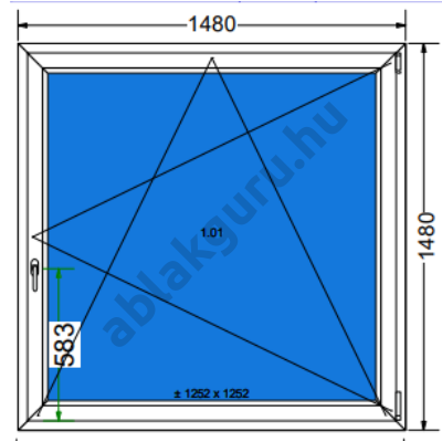 150x150 Bukó / nyíló műanyag ablak három rétegű (Ug=0,5) üveggel JOBB (Decco 83 ROTO) - (Gyártási mérete: 148x148cm)