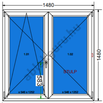 150x150 Kétszárnyú bukó/nyíló műanyag ablak három rétegű (Ug=0,5) üveggel BAL (Decco 83 ROTO) - (Gyártási mérete: 148x148cm)