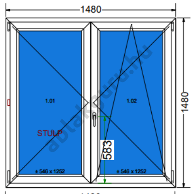 150x150 Kétszárnyú bukó/nyíló műanyag ablak három rétegű (Ug=0,5) üveggel JOBB (Decco 83 ROTO) - (Gyártási mérete: 148x148cm)