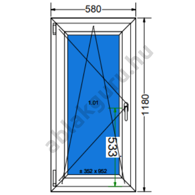60x120 Bukó / nyíló műanyag ablak három rétegű (Ug=0,5) üveggel BAL (Decco 83 ROTO) - (Gyártási mérete: 58x118cm)