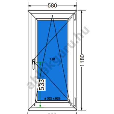60x120 Bukó / nyíló műanyag ablak három rétegű (Ug=0,5) üveggel JOBB (Decco 83 ROTO) - (Gyártási mérete: 58x118cm)