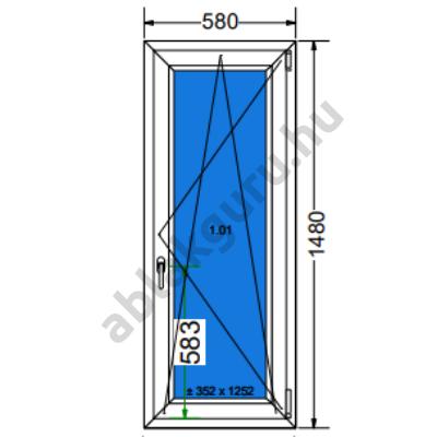 60x150 Bukó / nyíló műanyag ablak három rétegű (Ug=0,5) üveggel JOBB (Decco 83 ROTO) - (Gyártási mérete: 58x148cm)