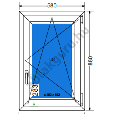 60x90 Bukó / nyíló műanyag ablak három rétegű (Ug=0,5) üveggel JOBB (Decco 83 ROTO) - (Gyártási mérete: 58x88cm)