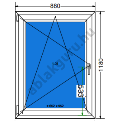 90x120 Bukó / nyíló műanyag ablak három rétegű (Ug=0,5) üveggel BAL (Decco 83 ROTO) - (Gyártási mérete: 88x118cm)