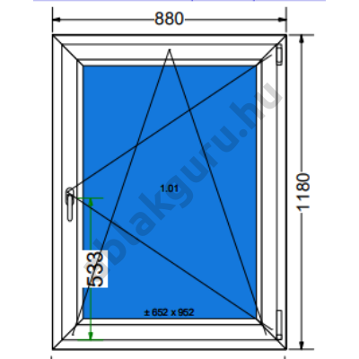 90x120 Bukó / nyíló műanyag ablak három rétegű (Ug=0,5) üveggel JOBB (Decco 83 ROTO) - (Gyártási mérete: 88x118cm)