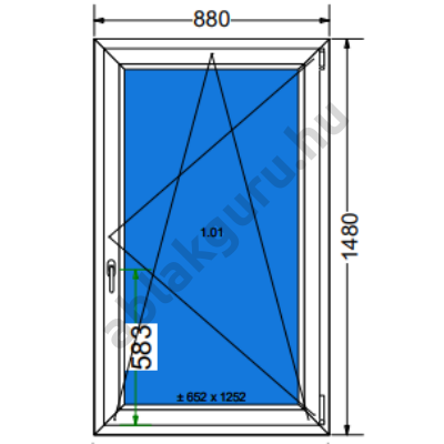 90x150 Bukó / nyíló műanyag ablak három rétegű (Ug=0,5) üveggel JOBB (Decco 83 ROTO) - (Gyártási mérete: 88x148cm)
