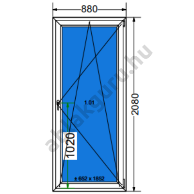 90x210 Bukó / nyíló műanyag erkélyajtó három rétegű (Ug=0,5) üveggel JOBB (Decco 83 ROTO) - (Gyártási mérete: 88x208cm)