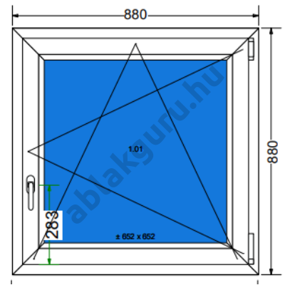 90x90 Bukó / nyíló műanyag ablak három rétegű (Ug=0,5) üveggel JOBB (Decco 83 ROTO) - (Gyártási mérete: 88x88cm)