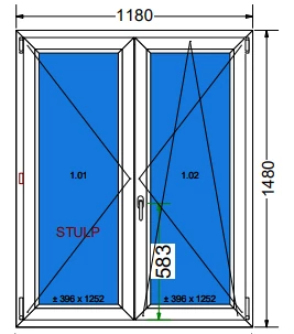 120x150 Kétszárnyú bukó/nyíló műanyag ablak 3 rétegű (Ug=0,5) üveggel  (Decco 83 ROTO)
